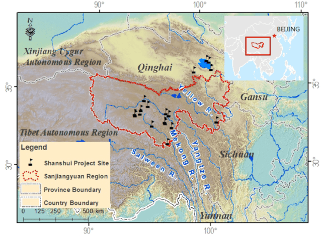 Location of the Sanjiangyuan region in China    [Source: Shen & Tan 2012]