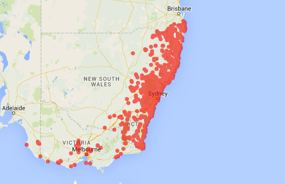 Distribution of Eastern Bent-Wing bats: Atlas of Living Australia
